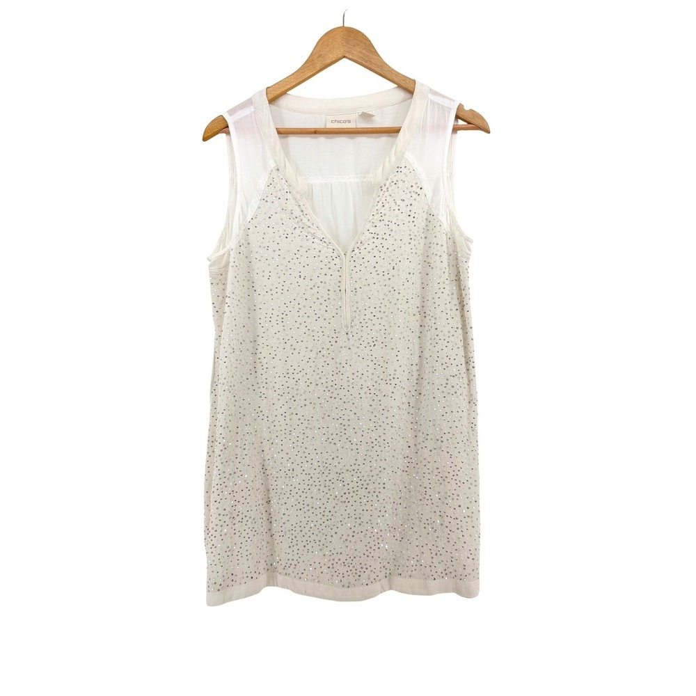 Chicos White Sequin Sleeveless Tunic Top Rayon Size 1 Medium Sparkle‎ Blouse